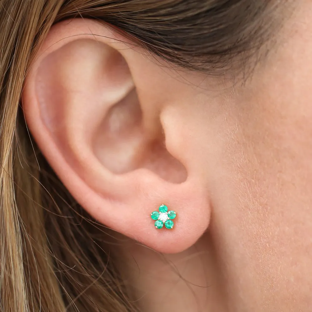 14K Emerald and Diamond Flower Studs