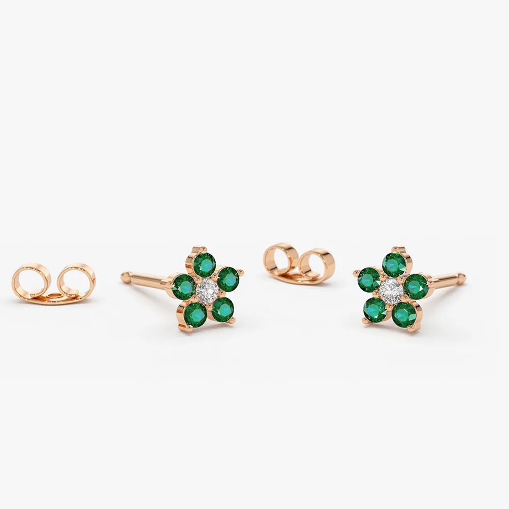 14K Emerald and Diamond Flower Studs