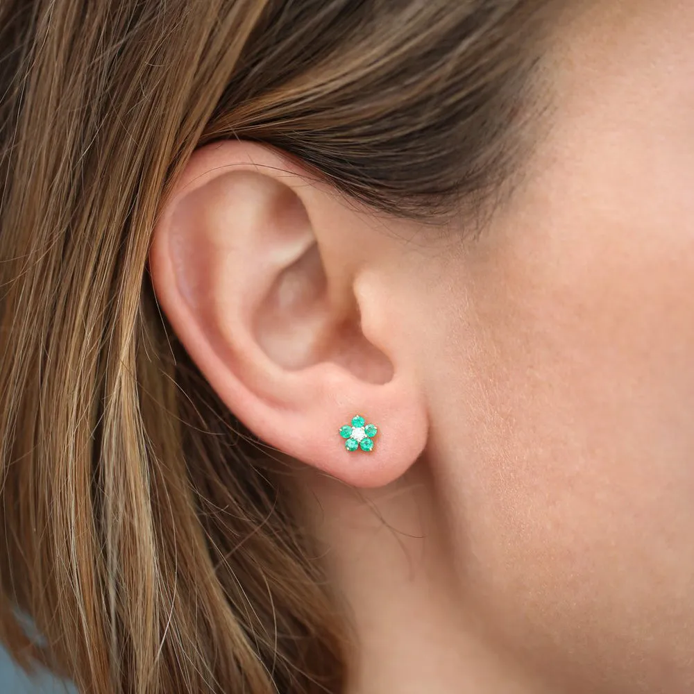 14K Emerald and Diamond Flower Studs