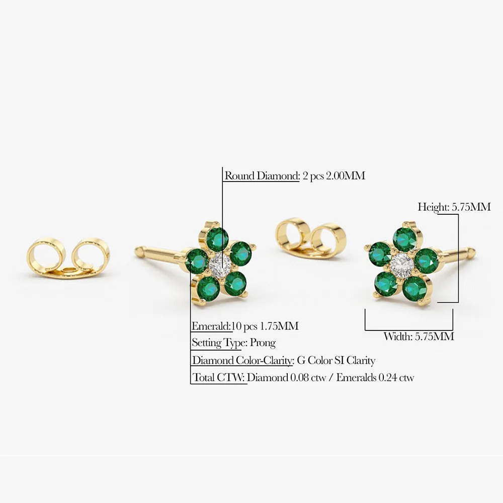 14K Emerald and Diamond Flower Studs