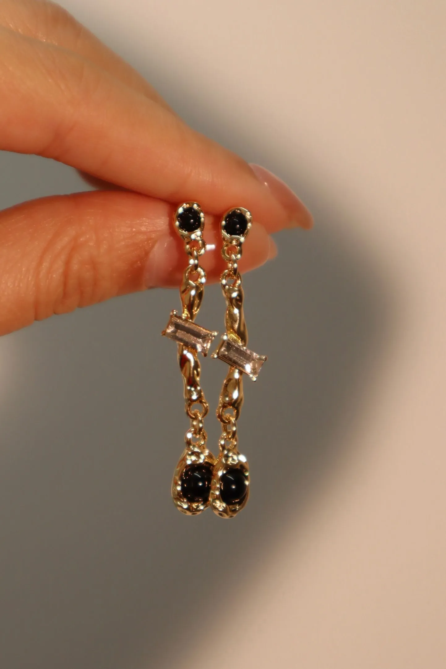 18K Real Gold Plated Diamond Black Gem Earrings