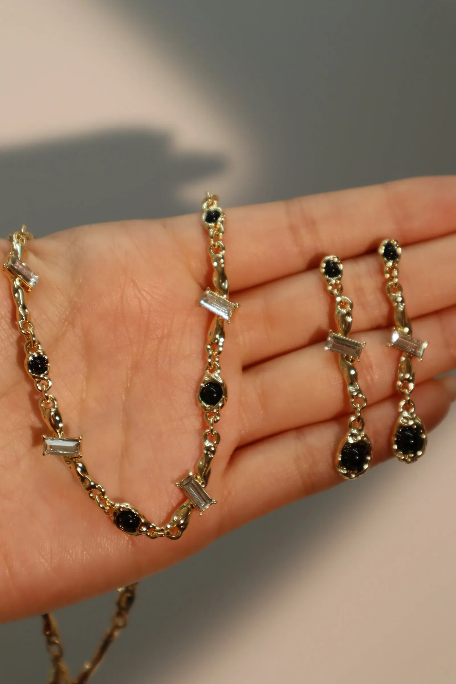 18K Real Gold Plated Diamond Black Gem Earrings