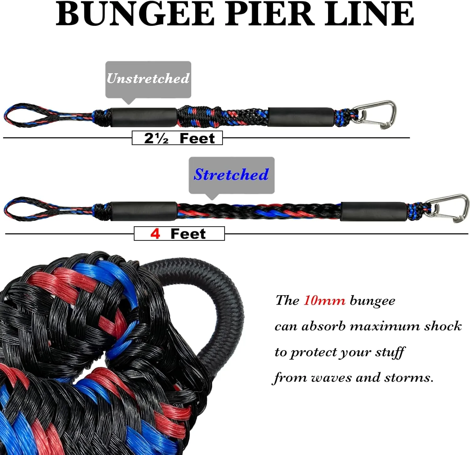2.5 FeeT Boat Bungee Dock Lines 2PCS 316 Stainless Clip Boat Accessories Marine Grade Quickly Mooring (Black&Blue&Red, 2 1/2 Feet)