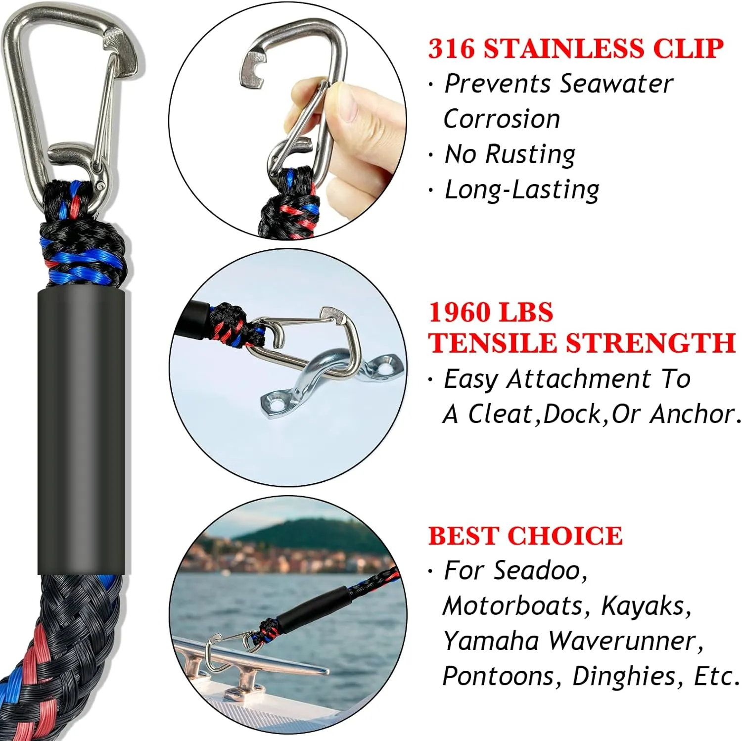 2.5 FeeT Boat Bungee Dock Lines 2PCS 316 Stainless Clip Boat Accessories Marine Grade Quickly Mooring (Black&Blue&Red, 2 1/2 Feet)