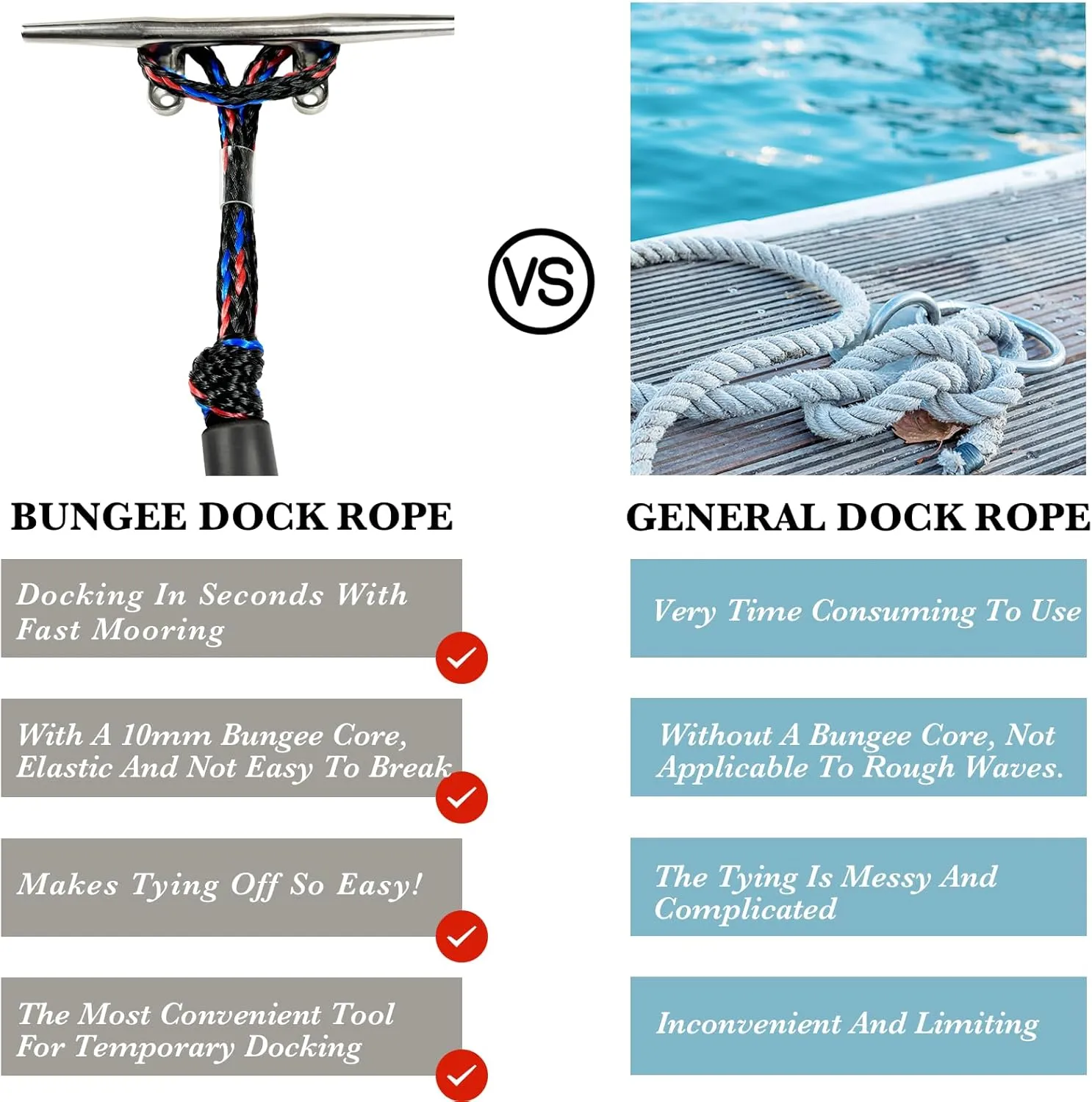 2.5 FeeT Boat Bungee Dock Lines 2PCS 316 Stainless Clip Boat Accessories Marine Grade Quickly Mooring (Black&Blue&Red, 2 1/2 Feet)