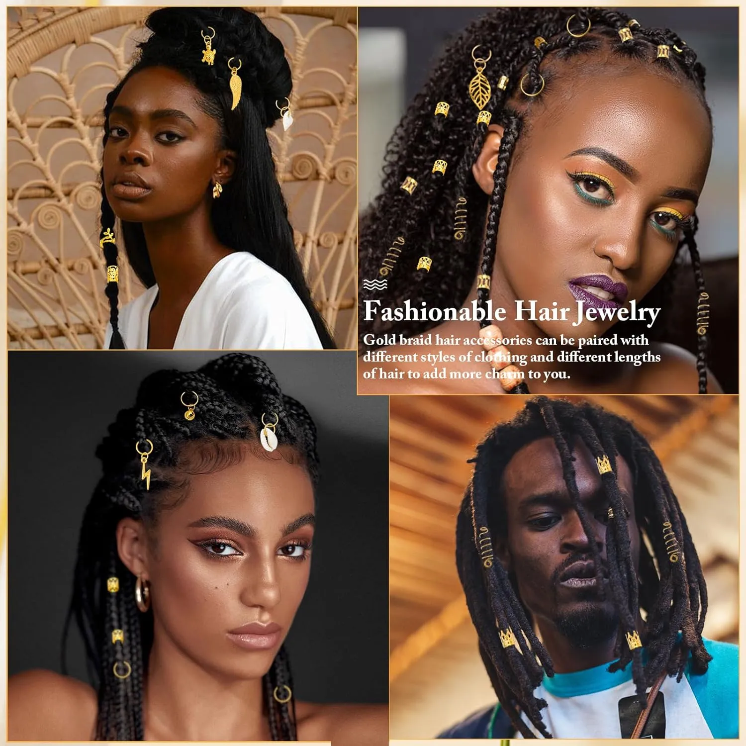 285PCS Gold Hair Jewelry for Braids, Gold Dreadlock Jewelry Accessories Braid Jewelry with Gold Pendants, Loc Jewelry for Hair Dreadlocks Gold Rings Cuff Clips Charms for Braid Decoration