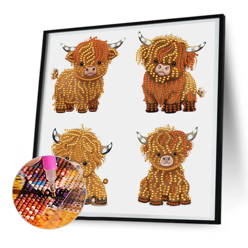 4 Cute Highland Cattle In The Same Frame - Special Shaped Drill Diamond Painting 30*30CM
