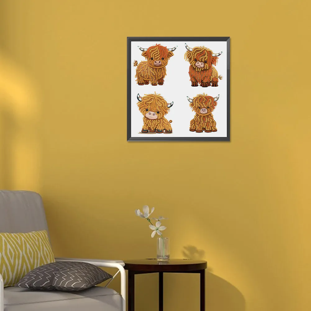 4 Cute Highland Cattle In The Same Frame - Special Shaped Drill Diamond Painting 30*30CM