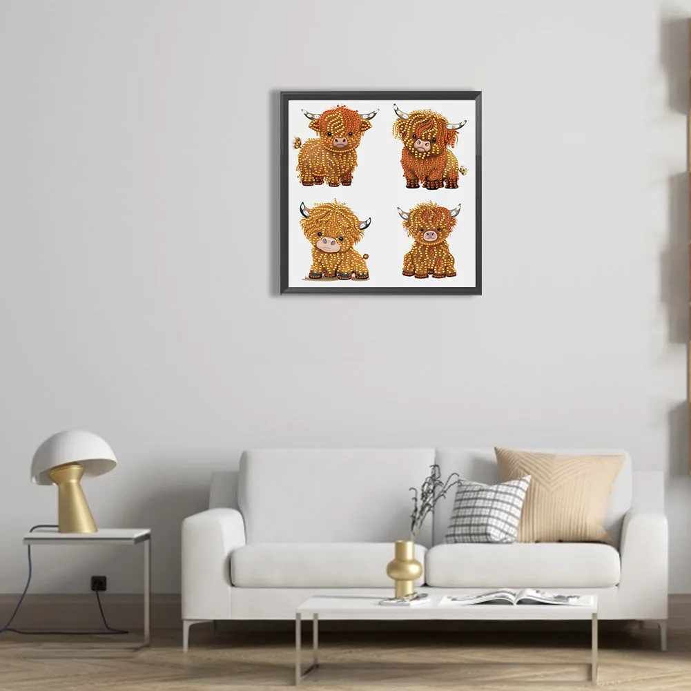 4 Cute Highland Cattle In The Same Frame - Special Shaped Drill Diamond Painting 30*30CM