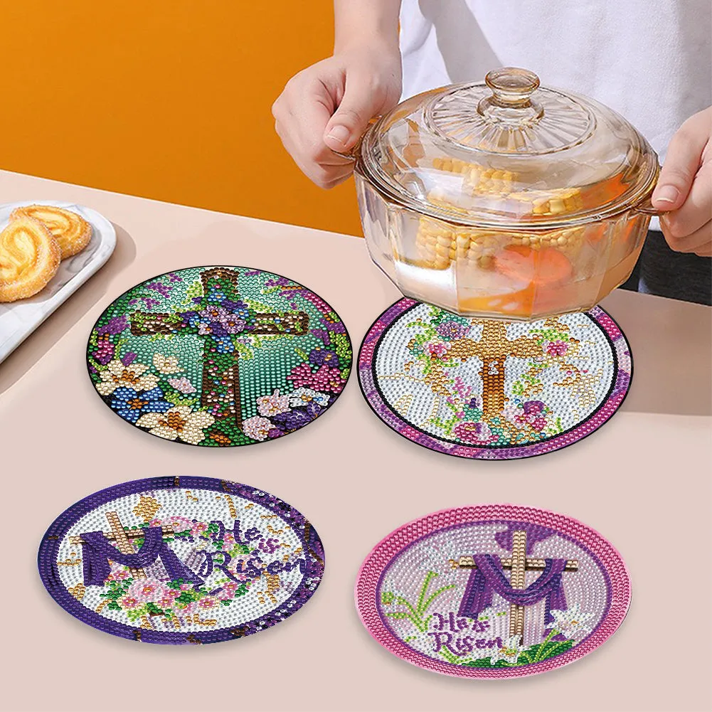 4 PCS Wooden Diamond Painted Placemats Round Placemat with Holder (Cross)