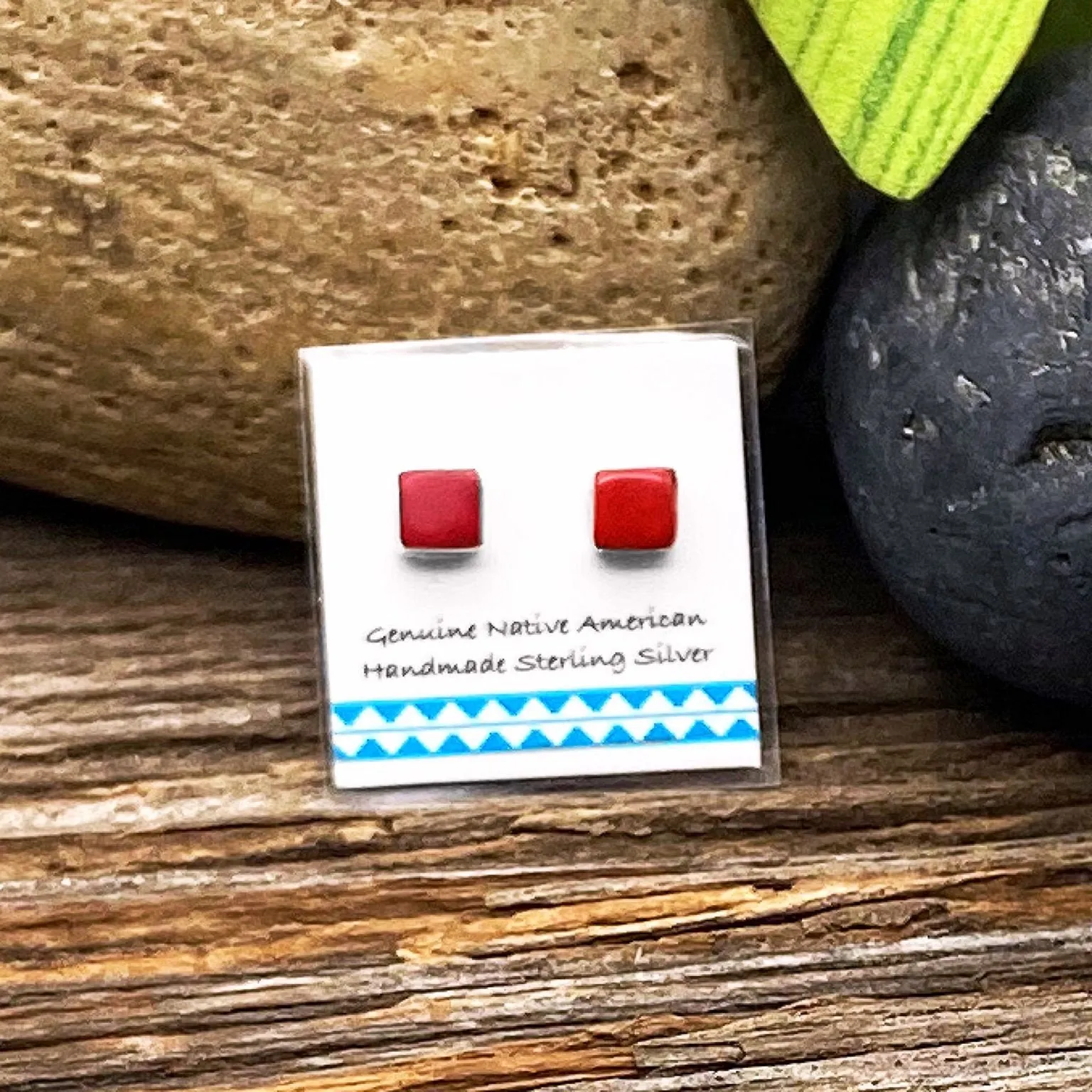 5mm Genuine Red Coral Stud Earrings in 925 Sterling Silver, Square Style, Native American USA Handmade, Nickle Free