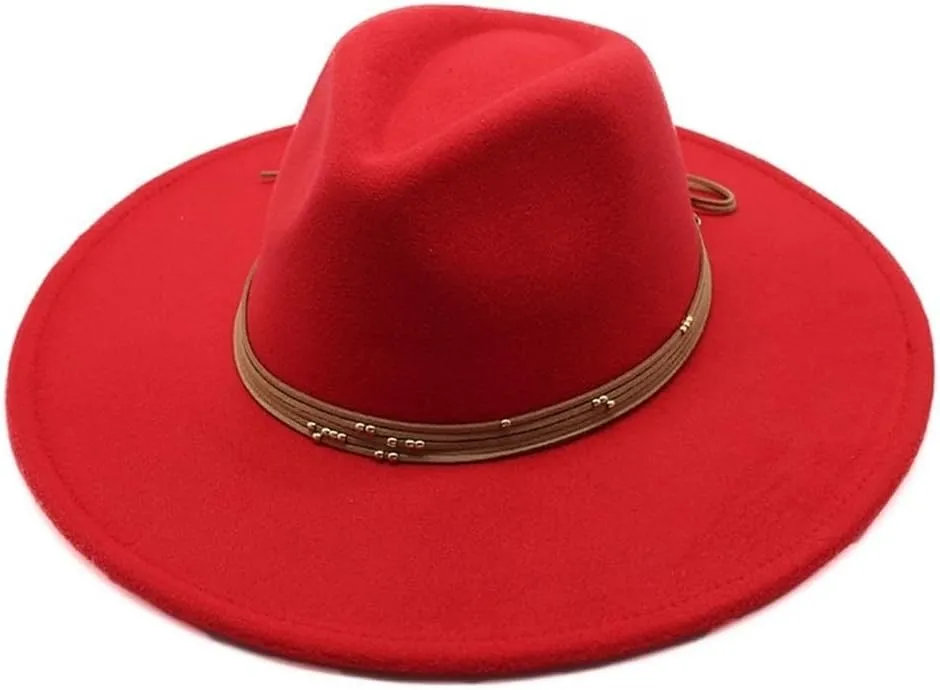British Style Women Big Wide Brim Wool Fedora Hat Winter Panama Jazz Cap Fashion Party Trilby Hat Fengyan Cowboy Hats (Color : Rose Red, Size : 56-58CM)