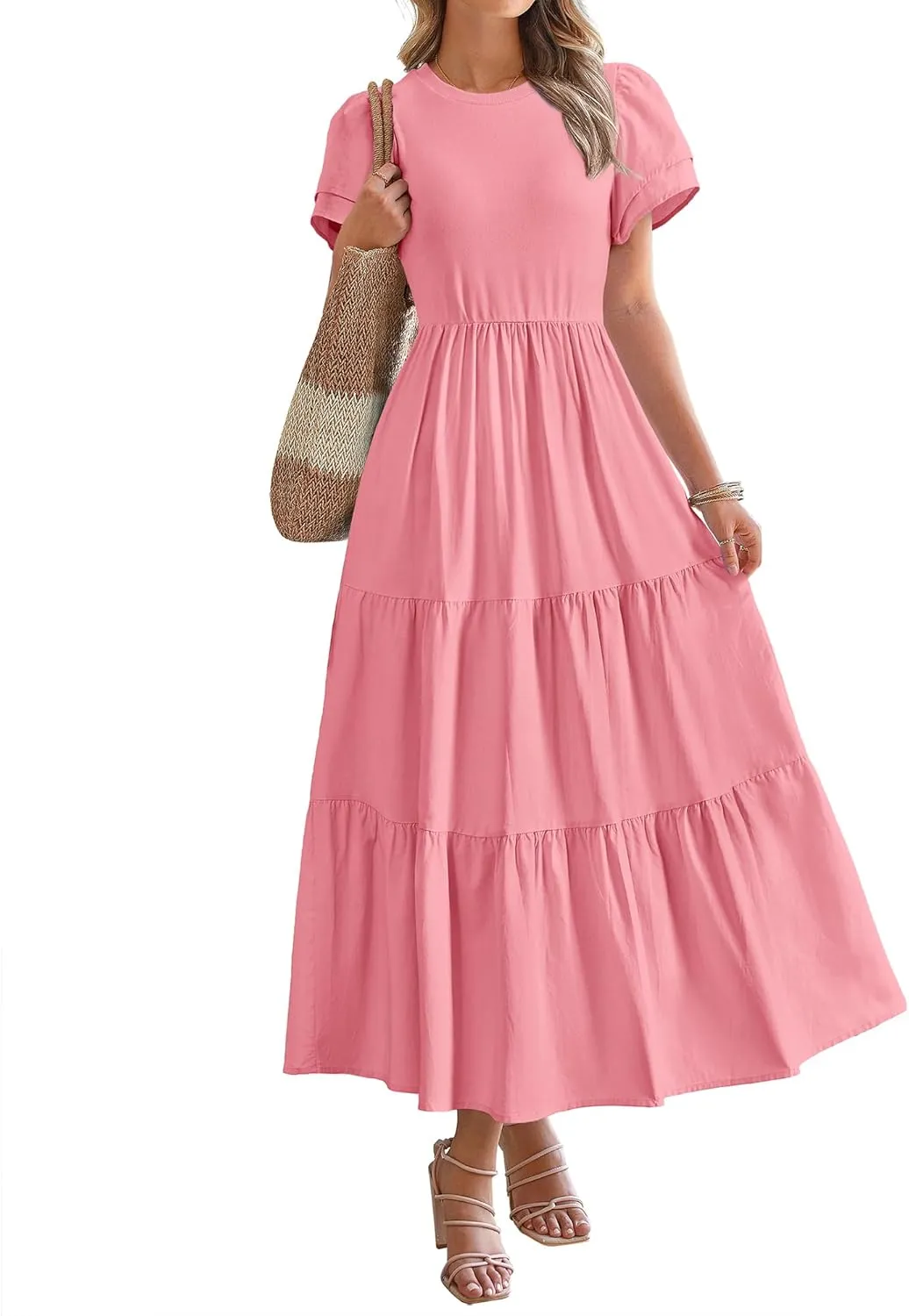 BTFBM Women Casual Summer Dresses 2025 Spring Crewneck Short Sleeve Tiered Flowy Boho Maxi Beach Vacation Dress Pockets