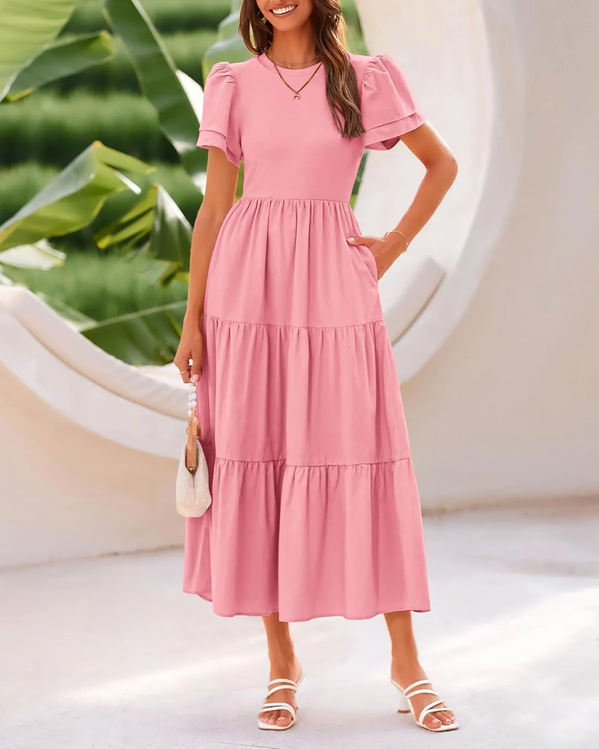 BTFBM Women Casual Summer Dresses 2025 Spring Crewneck Short Sleeve Tiered Flowy Boho Maxi Beach Vacation Dress Pockets