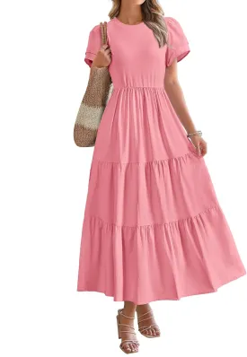 BTFBM Women Casual Summer Dresses 2025 Spring Crewneck Short Sleeve Tiered Flowy Boho Maxi Beach Vacation Dress Pockets