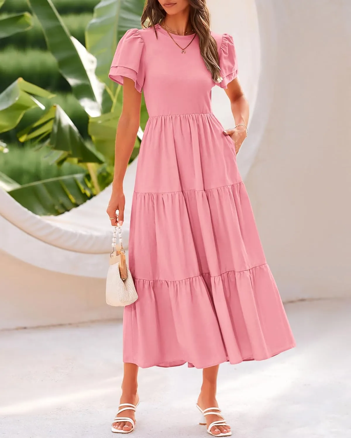 BTFBM Women Casual Summer Dresses 2025 Spring Crewneck Short Sleeve Tiered Flowy Boho Maxi Beach Vacation Dress Pockets