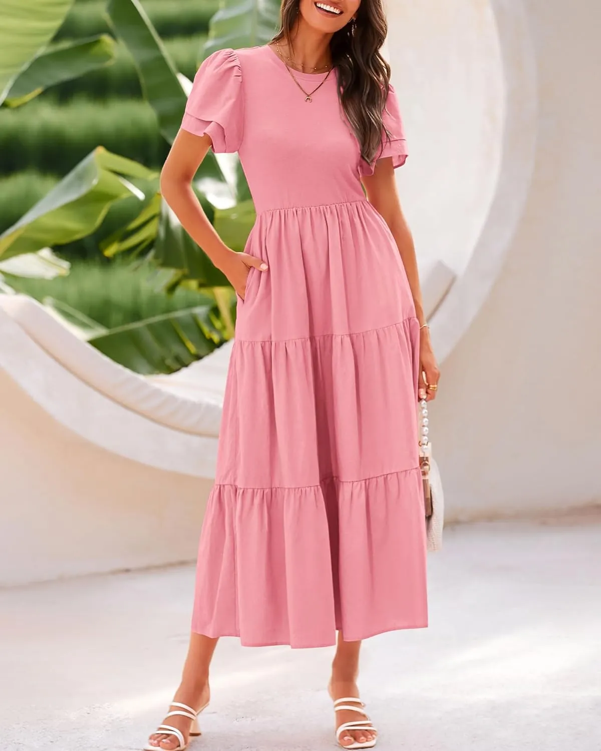 BTFBM Women Casual Summer Dresses 2025 Spring Crewneck Short Sleeve Tiered Flowy Boho Maxi Beach Vacation Dress Pockets