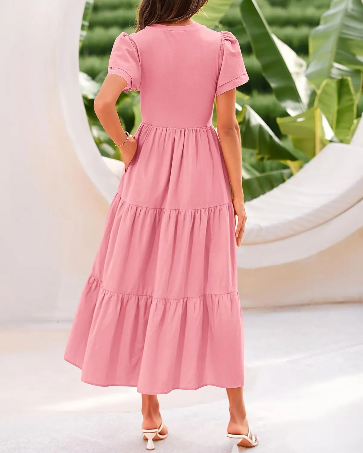 BTFBM Women Casual Summer Dresses 2025 Spring Crewneck Short Sleeve Tiered Flowy Boho Maxi Beach Vacation Dress Pockets