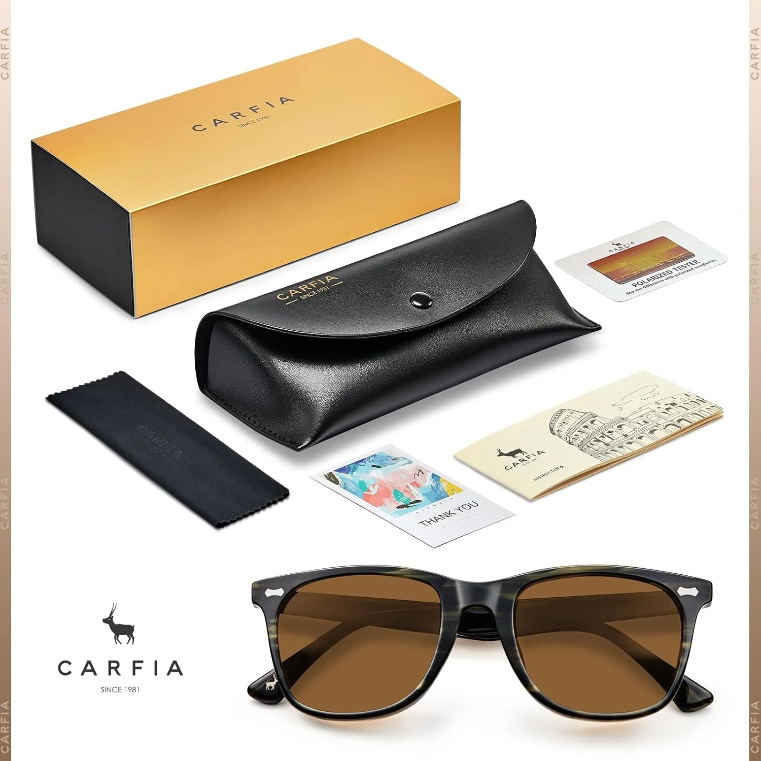CARFIA Square Polarized Sunglasses for Men UV400 Protection Retro Acetate Italian Hand-crafted Driving Shades