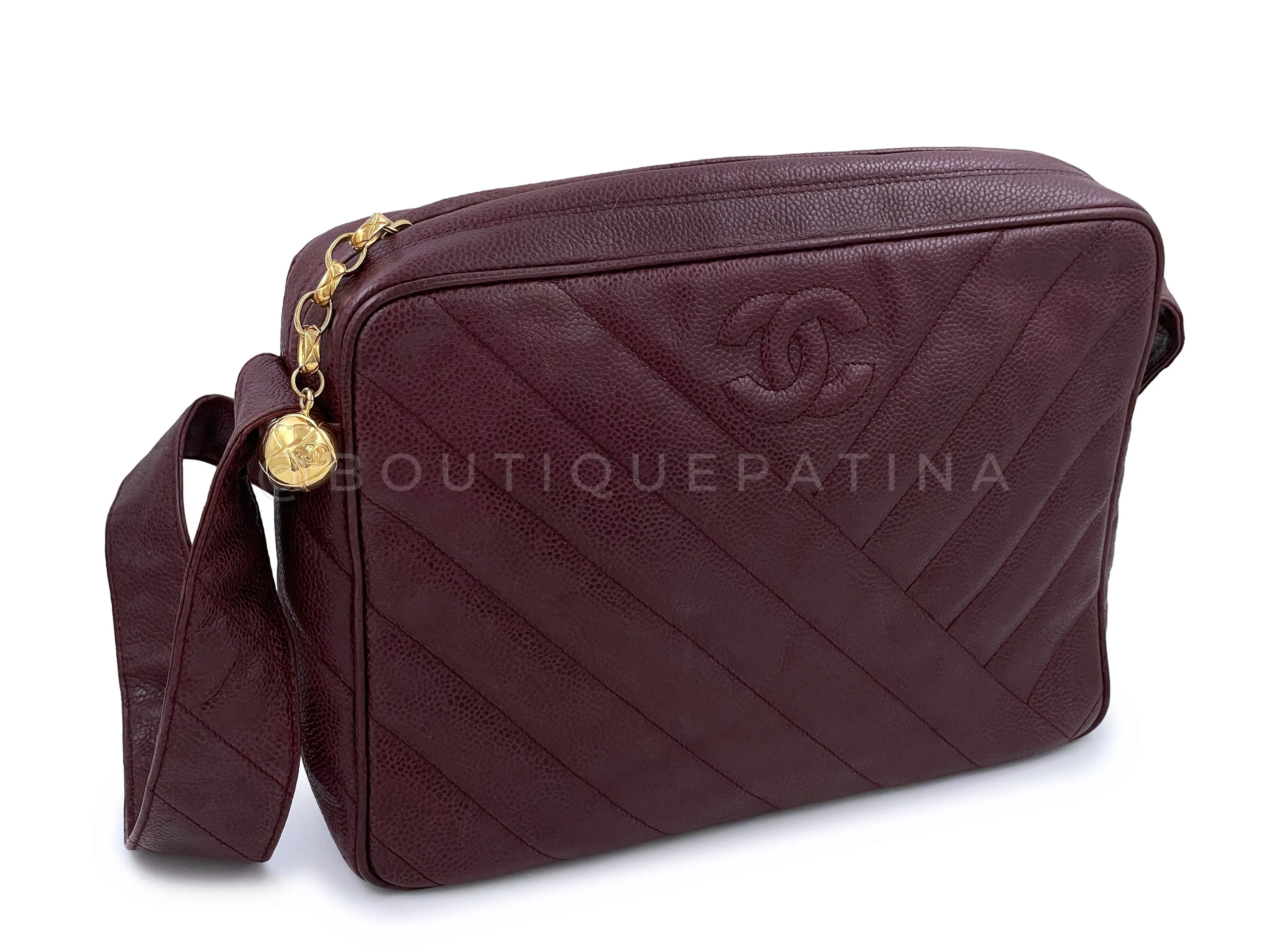 Chanel 1994 Vintage Chevron Camera Case Messenger Bag Wine Red Burgundy