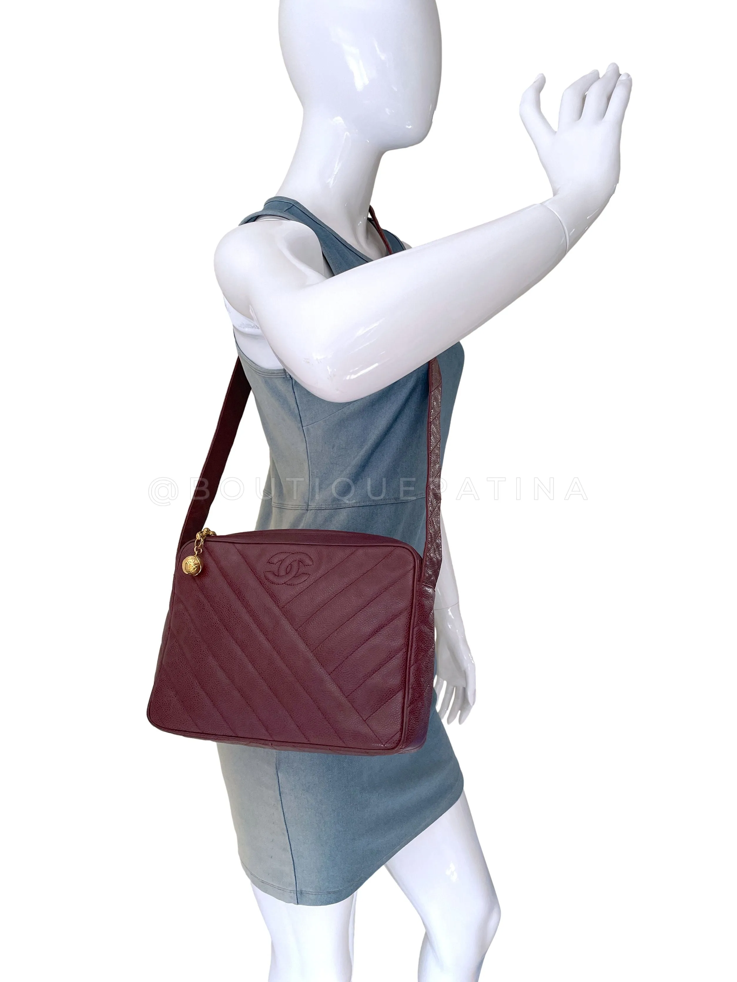 Chanel 1994 Vintage Chevron Camera Case Messenger Bag Wine Red Burgundy
