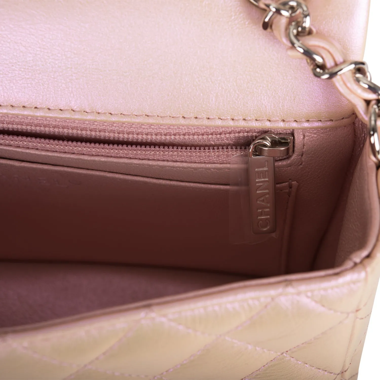 Chanel Mini Rectangular Flap Bag Pink Iridescent Lambskin Silver Hardware