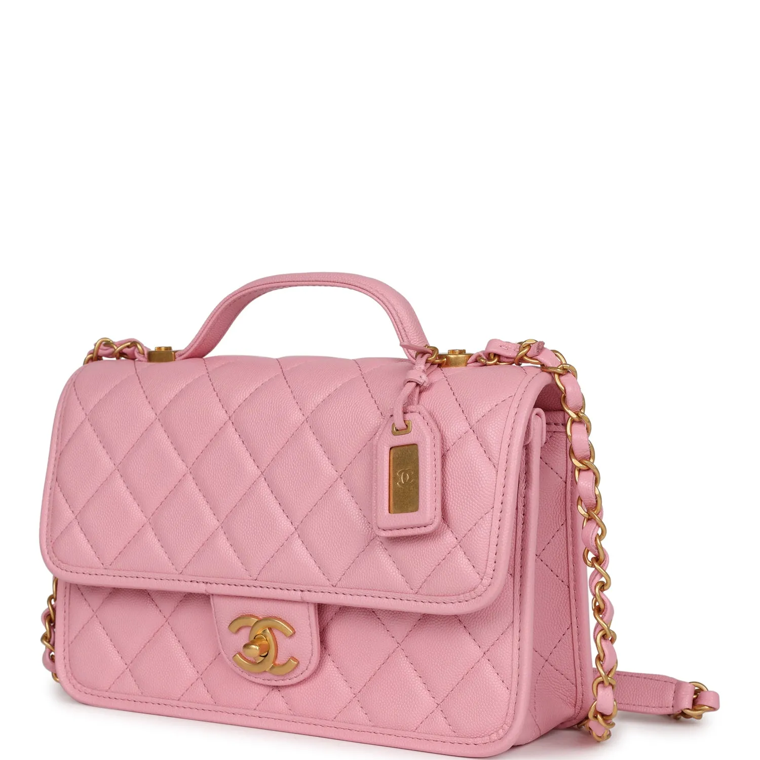 Chanel School Memory Top Handle Flap Bag Pink Caviar Antique Gold Hardware