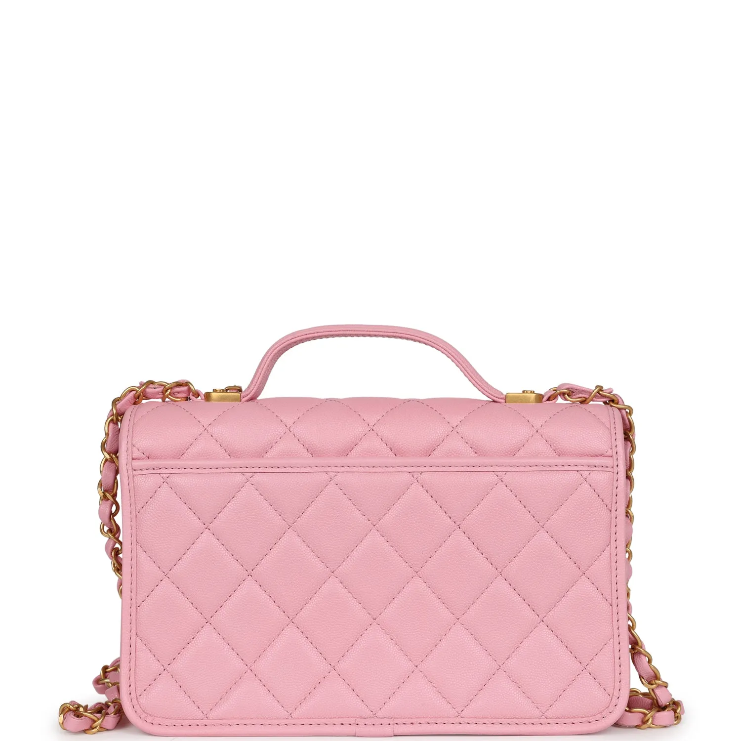 Chanel School Memory Top Handle Flap Bag Pink Caviar Antique Gold Hardware