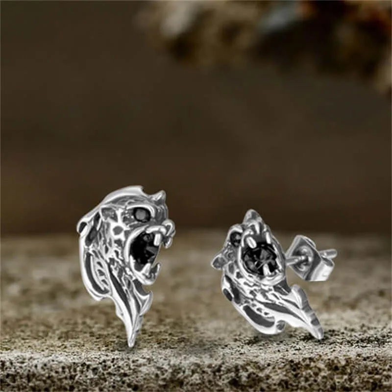 Cheetah Head Gemstone Stainless Steel Stud Earrings