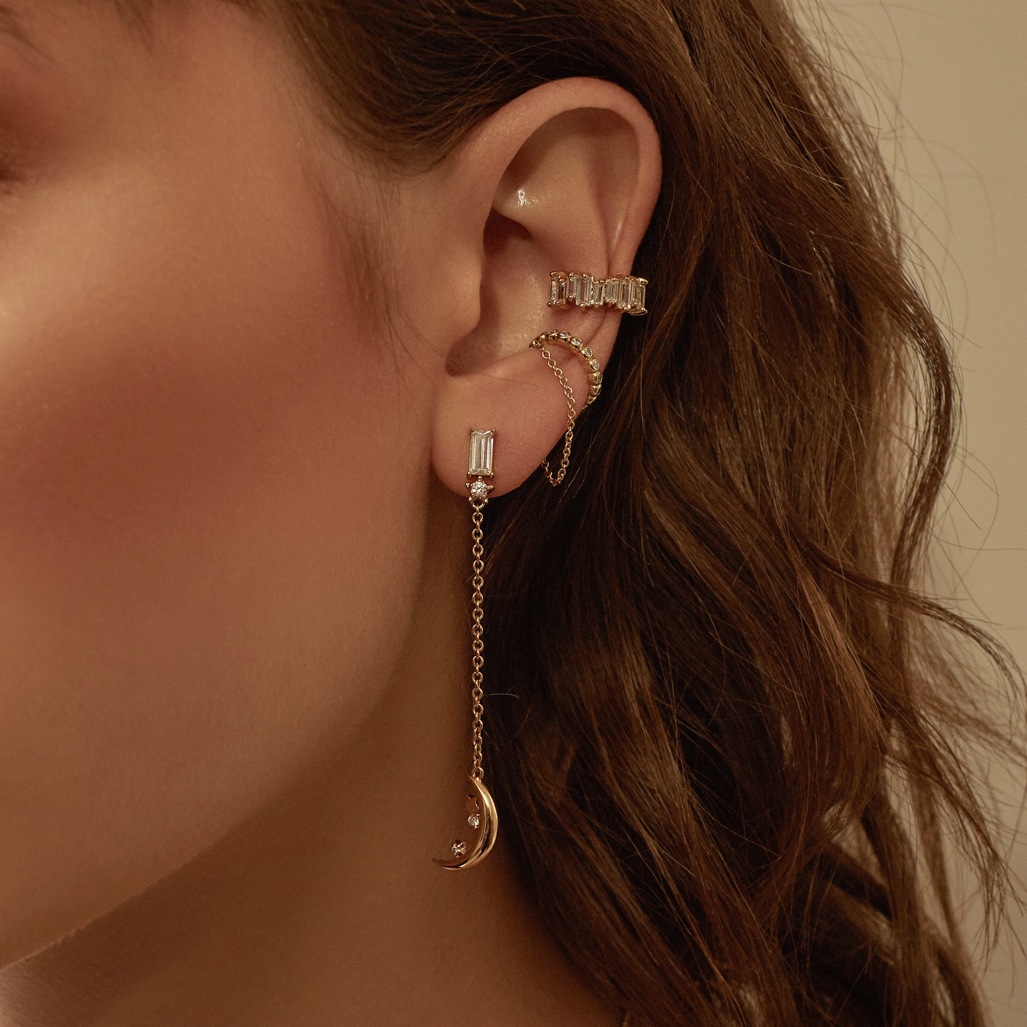 Crescent Baguette Gold Drop Earrings