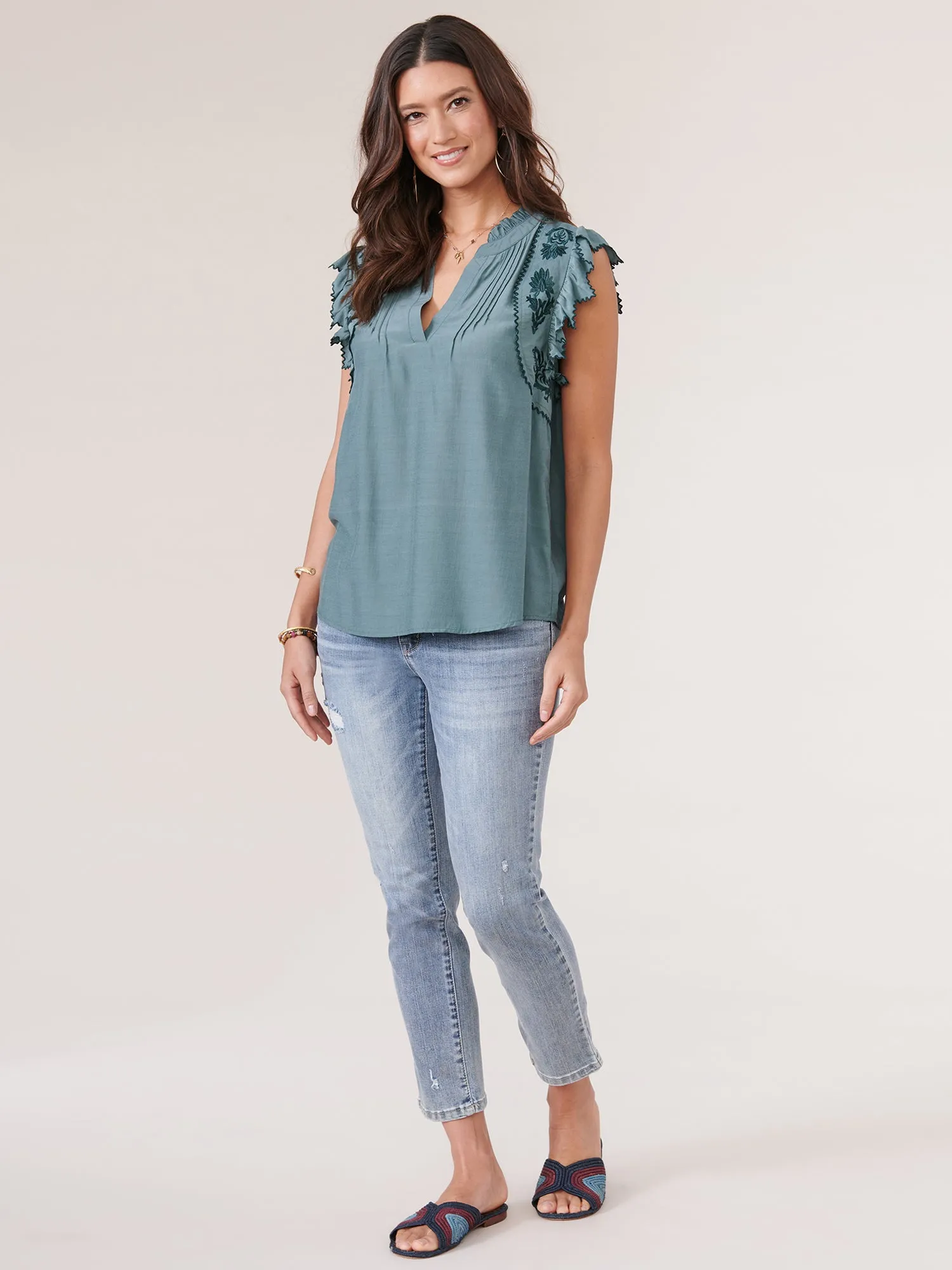 Die Cut Embroidered Edge Flutter Sleeve V Placket Woven Top