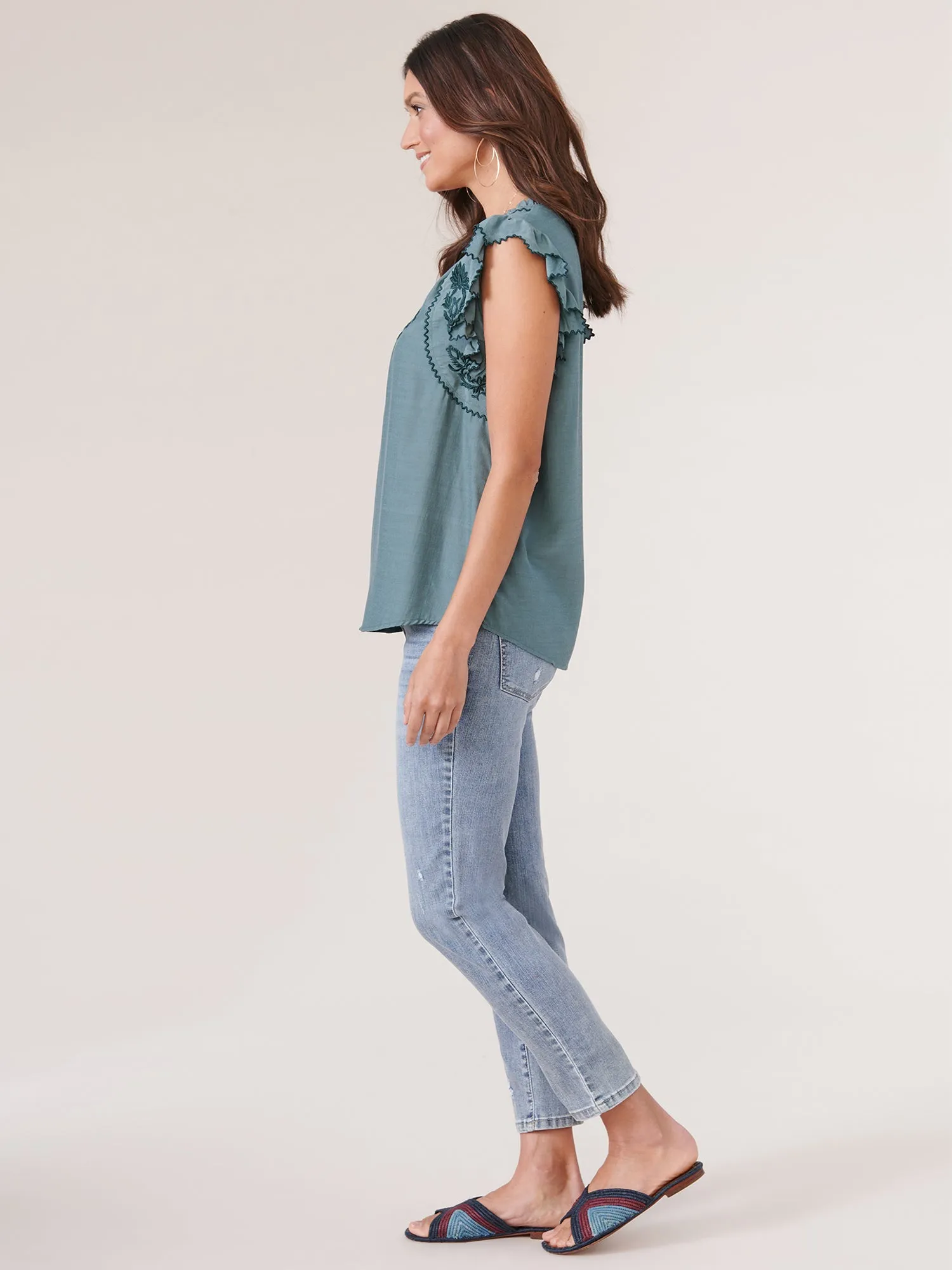 Die Cut Embroidered Edge Flutter Sleeve V Placket Woven Top