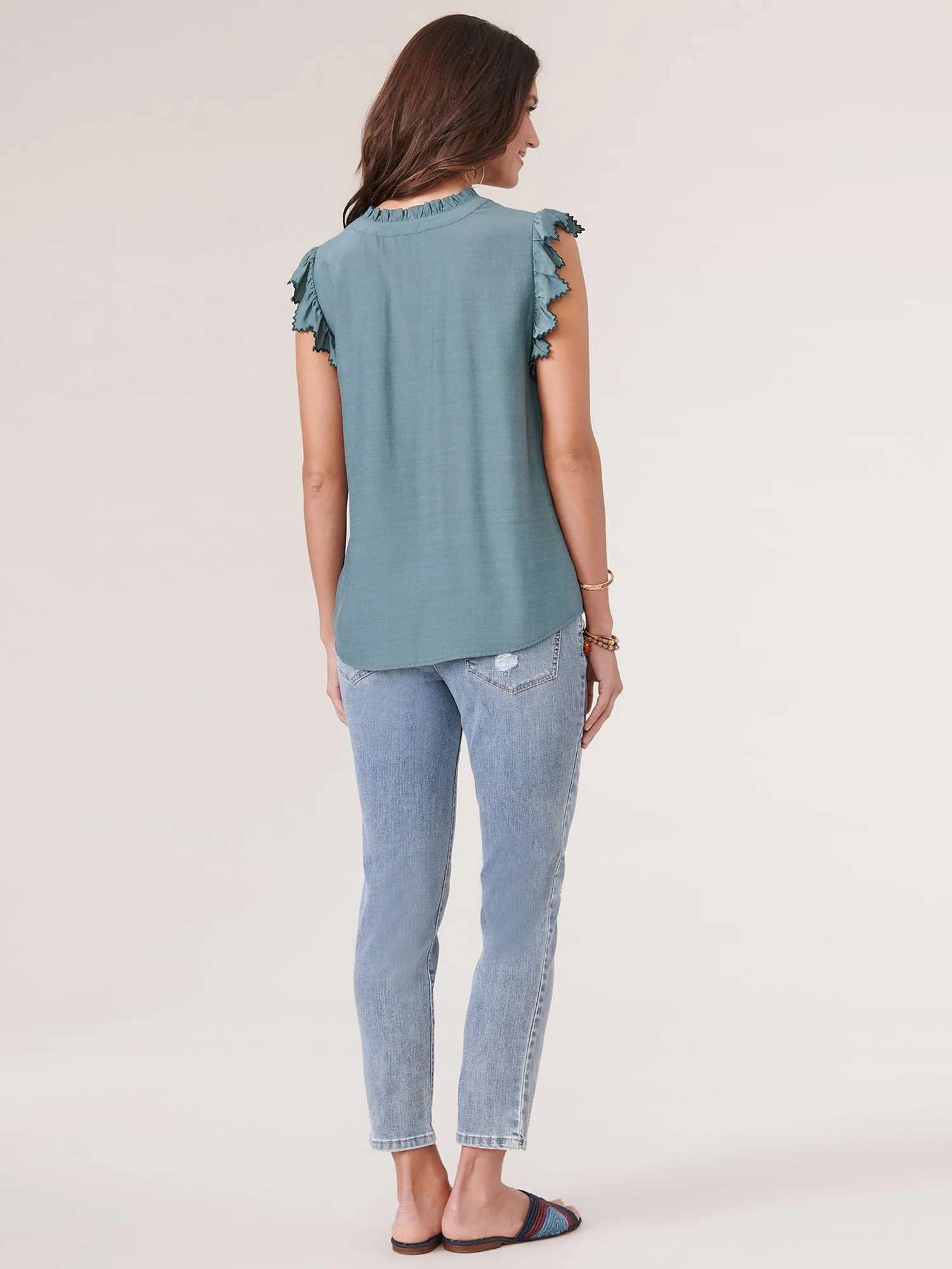 Die Cut Embroidered Edge Flutter Sleeve V Placket Woven Top