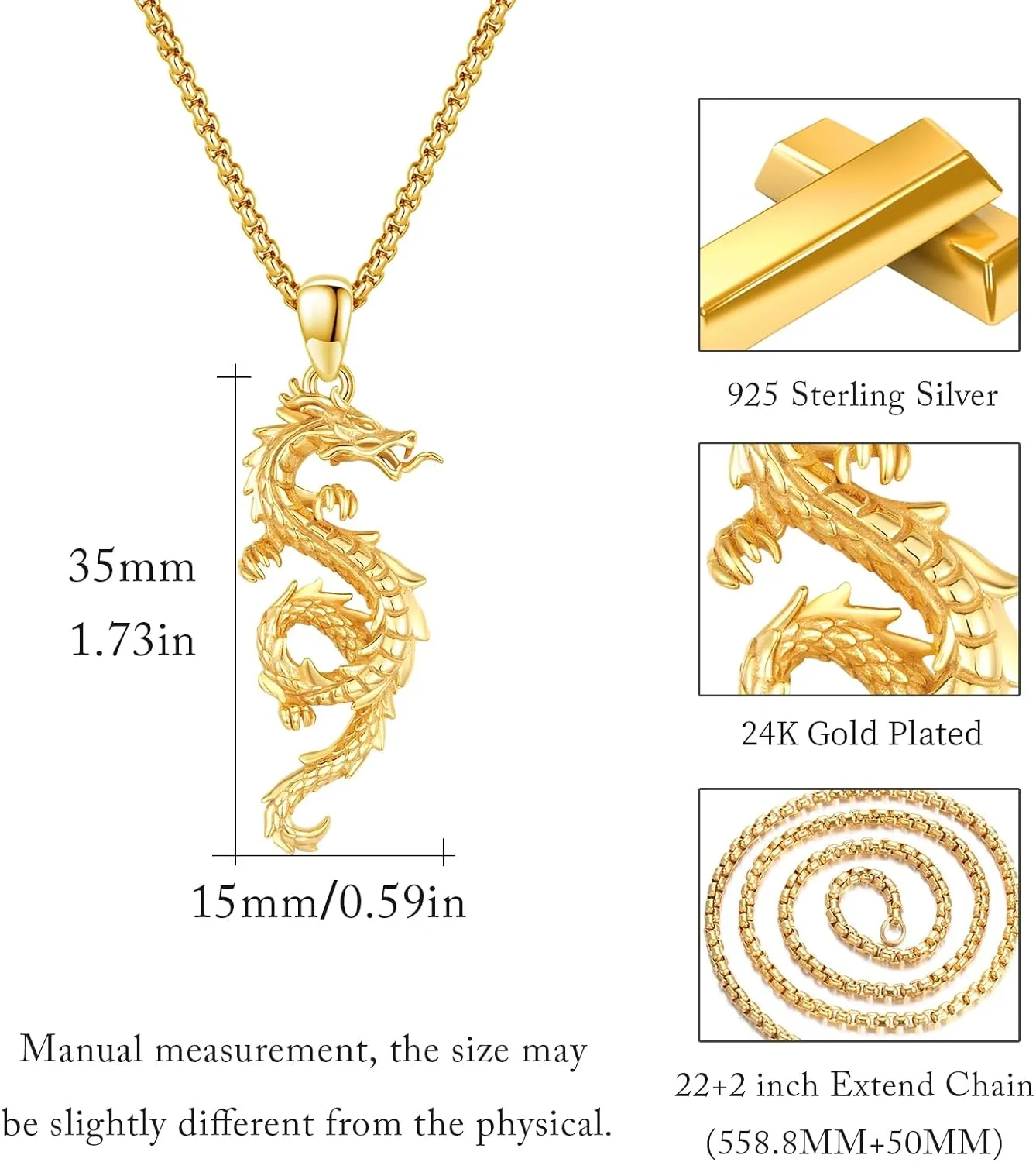 Dragon Necklace 925 Sterling Silver Oxidized/Solid 24K Gold Over Dragon Pendant Unisex Jewelry Valentine's Day Gift for Men Women