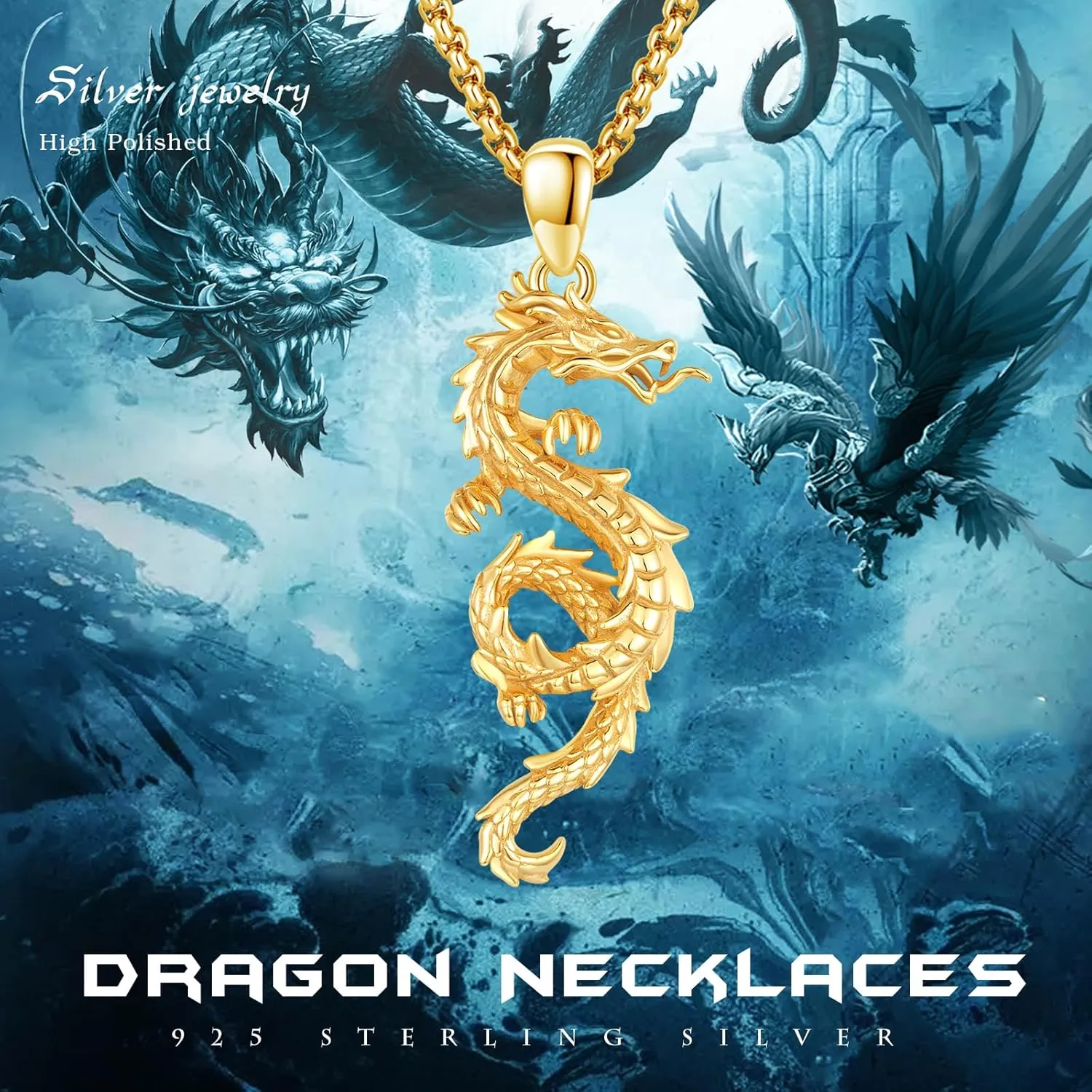 Dragon Necklace 925 Sterling Silver Oxidized/Solid 24K Gold Over Dragon Pendant Unisex Jewelry Valentine's Day Gift for Men Women