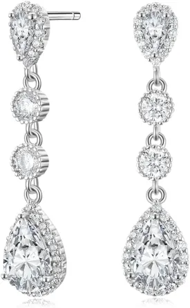 EAMTI Silver Dangle Teardrop Earrings for Women Cubic Zirconia Pear Cut Wedding Birdal Sterling Silver Post Engagement Drop Earrings for Brides