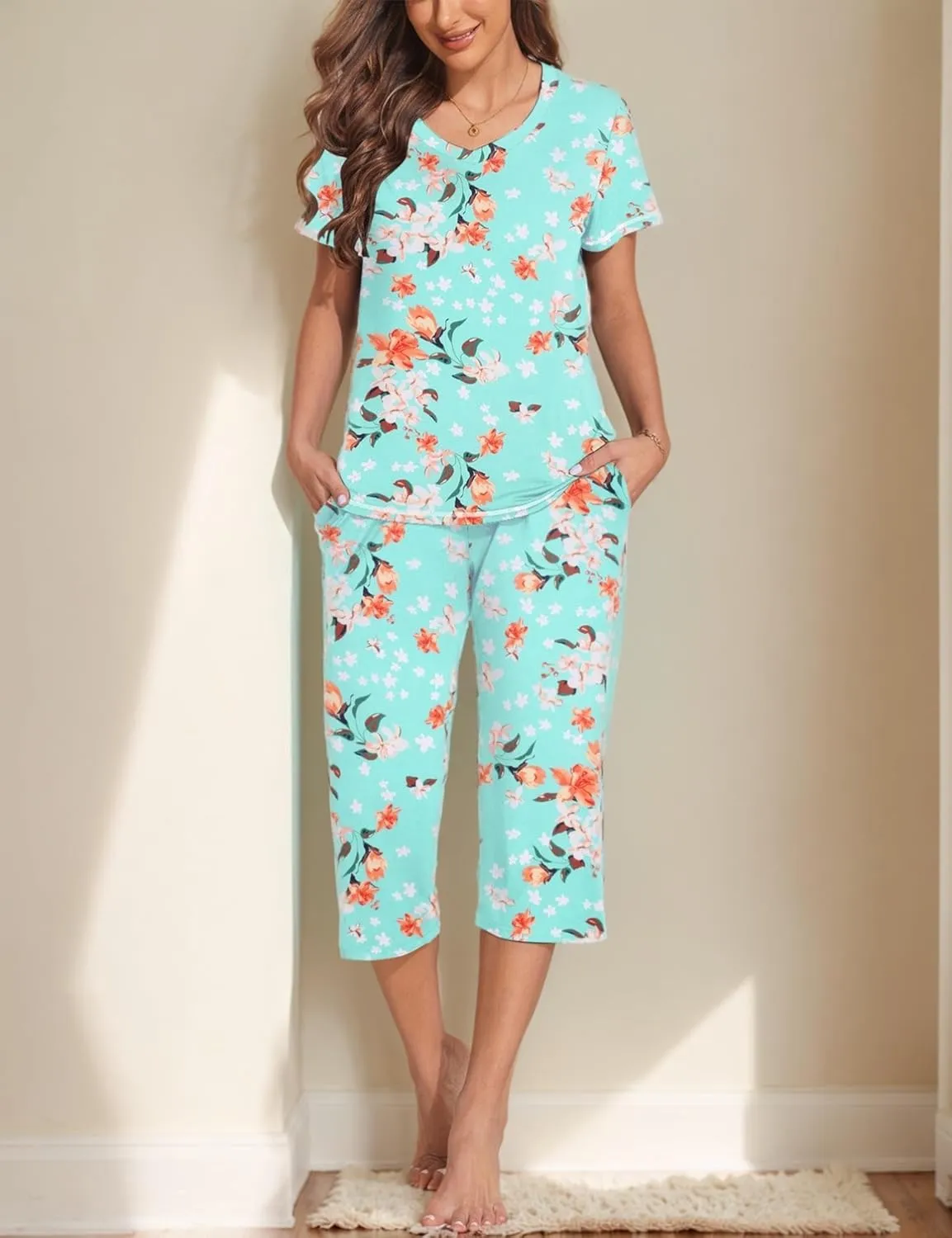 Ekouaer 2 Pack Women's Pajama Sets Short Sleeve Two-Piece Pjs V Neck Tops & Capri Pants Printed Lounge Sets S-3XL