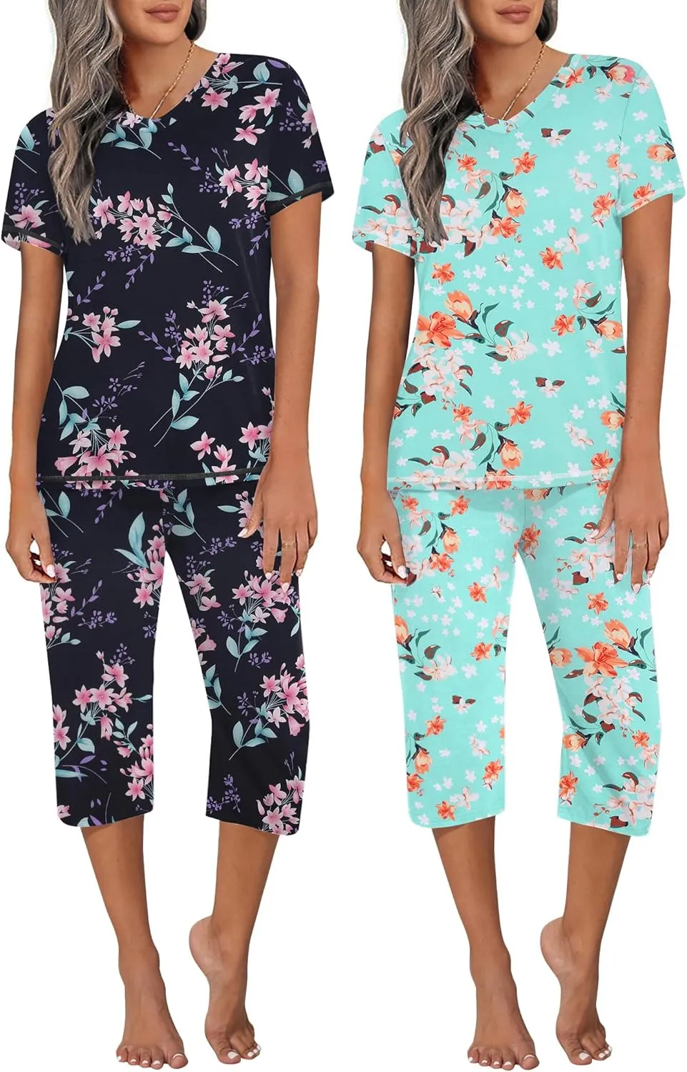Ekouaer 2 Pack Women's Pajama Sets Short Sleeve Two-Piece Pjs V Neck Tops & Capri Pants Printed Lounge Sets S-3XL
