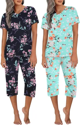 Ekouaer 2 Pack Women's Pajama Sets Short Sleeve Two-Piece Pjs V Neck Tops & Capri Pants Printed Lounge Sets S-3XL