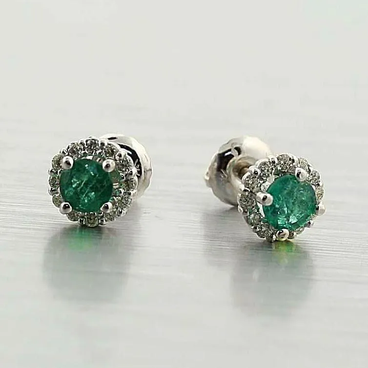 Emerald Diamond Halo Stud Earrings 18K White Gold