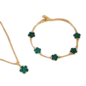 Emerald Green Clover Design Set, Bracelet With Matching Necklace