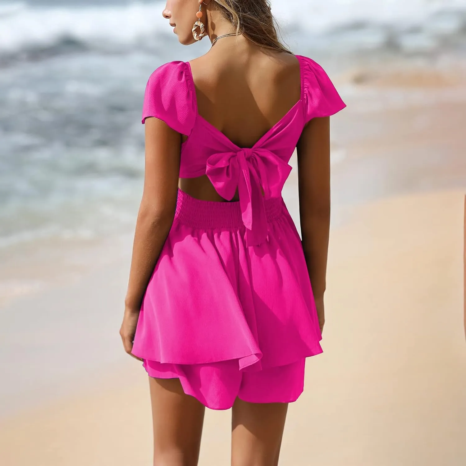 EXLURA Women's 2025 Summer Ruffle Short Sleeve Tie Back Romper Dress Square Neck A Line Cute Dressy Short Jumpsuits