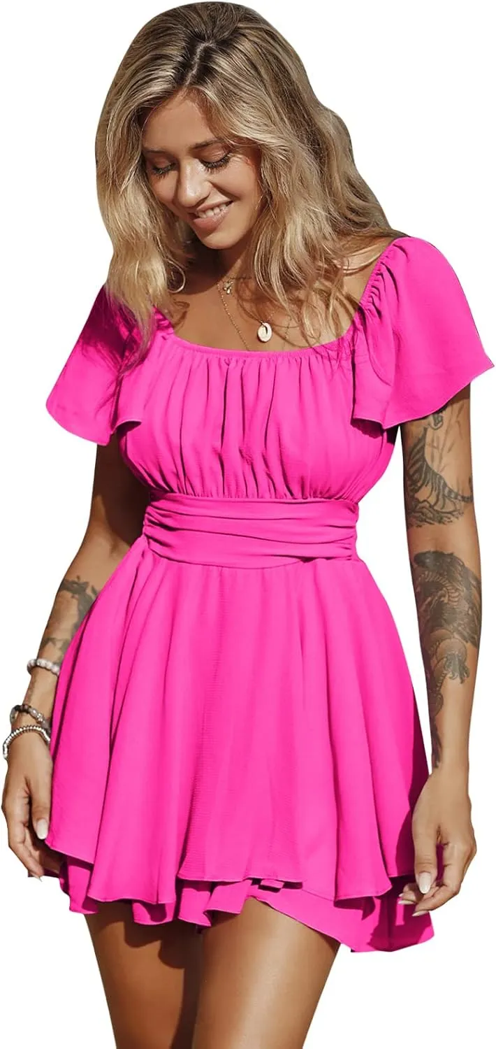 EXLURA Women's 2025 Summer Ruffle Short Sleeve Tie Back Romper Dress Square Neck A Line Cute Dressy Short Jumpsuits
