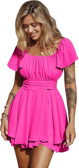 EXLURA Women's 2025 Summer Ruffle Short Sleeve Tie Back Romper Dress Square Neck A Line Cute Dressy Short Jumpsuits