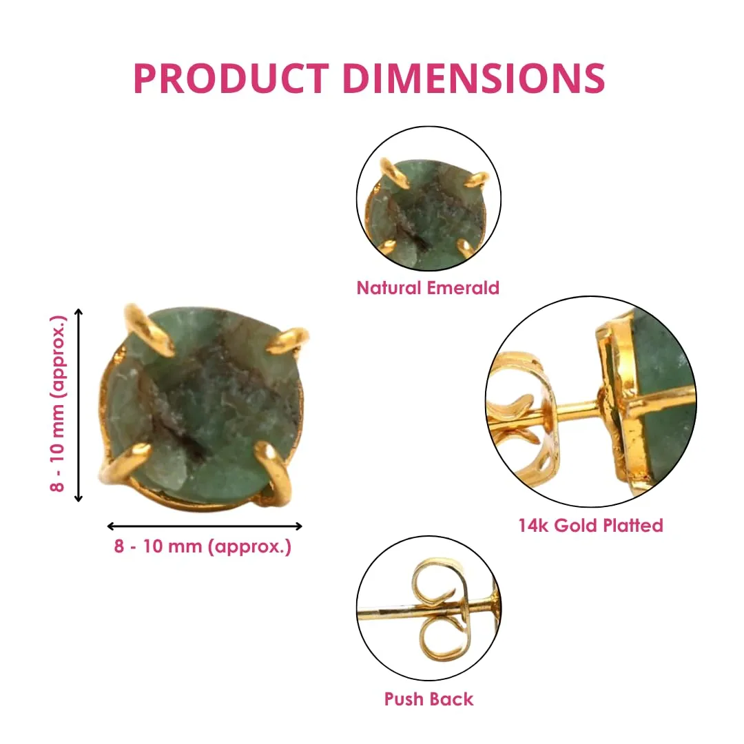 Gempires Natural Raw Green Emerald Stud Earrings Simple Dainty Jewelry May Birthstone Crystal with Gold Plated Prong Setting Formal Events and Everyday Elegance
