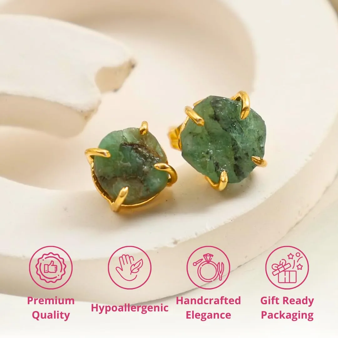Gempires Natural Raw Green Emerald Stud Earrings Simple Dainty Jewelry May Birthstone Crystal with Gold Plated Prong Setting Formal Events and Everyday Elegance