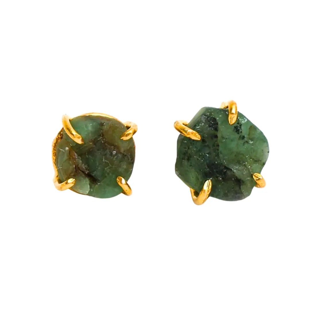 Gempires Natural Raw Green Emerald Stud Earrings Simple Dainty Jewelry May Birthstone Crystal with Gold Plated Prong Setting Formal Events and Everyday Elegance