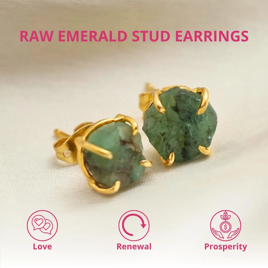 Gempires Natural Raw Green Emerald Stud Earrings Simple Dainty Jewelry May Birthstone Crystal with Gold Plated Prong Setting Formal Events and Everyday Elegance