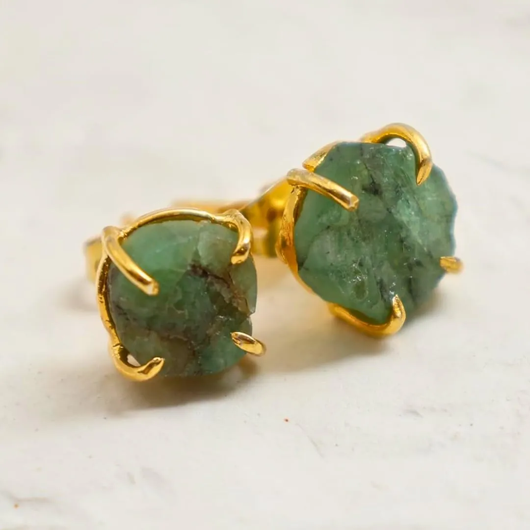 Gempires Natural Raw Green Emerald Stud Earrings Simple Dainty Jewelry May Birthstone Crystal with Gold Plated Prong Setting Formal Events and Everyday Elegance