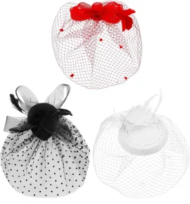 Geyoga 3 Pcs Fascinators Hats Women Mesh Veil with Feather Headband for Derby Party Funeral Tea Party Church Headwear